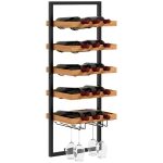 HOMCOM Wall-Mounted Wine Rack, 5-Tier Hanging Bottle Holder with Glass Rack for 15 Bottles and 4 Glasses, Pine Wood Wine Racks for Wall, Home Bar, Kitchen, Living Room, Brown