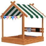 Outsunny Bac à sable pour enfants avec auvent, 6 fanions, 2 bacs, robinet et tableau en forme de maison pour patio 124x116x146 cm orange
