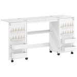 HOMCOM Mesa de Costura Plegable con 6 Ruedas 20 Clavijas para Hilos 4 Compartimentos Estante Blanco