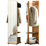 HOMCOM Miroir sur Pied avec roulettes - Portant, 4 patères étagère MDF Aspect Noyer