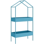 Outsunny 2-Tier Metal House-Shaped Plant Stand with Hook, 75x35x150 cm, Blue Green