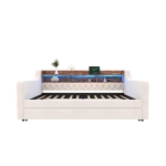 Space-Saving Sofa Bed with Adjustable LED Lighting and USB-C Port, Bed Frame with Built-in Storage Shelf, 201L x 107W x 75H cm, Beige