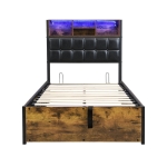 Hydraulic Storage Single Bed with Multi-Colour LED Strip, Charging Ports, Sponge Headboard for Bedrooms, 208L x 96W x 107H cm, Black+Neutral