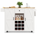 Modern Kitchen Island and Serving Trolley with Castors, Extendable Fold‑Out Dining Table with Side Shelves, 137.5L x 40-65W x 95.5H cm, White