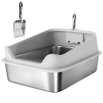 PawHut Roestvrijstalen open kattenbak met schep en hoge rand voor grote katten tot 12 kg 69,8 x 50,3 x 29,8 cm Grijs