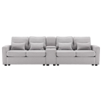 Canapé 4 places moderne en tissu de lin, avec console, 2 porte-gobelets, 2 ports USB, 290x83x88 cm, Gris