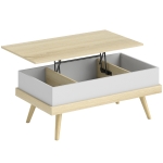 HOMCOM Mesa de Centro Elevable con 3 Compartimientos de Almacenaje Ocultos y Patas de Madera 100x79x54 cm Natural y Blanco