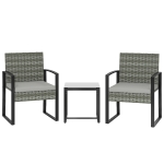 Outsunny Set da giardino 3 pezzi con 2 sedie da giardino e tavolino in rattan, cuscini rimovibili, Grigio Chiaro