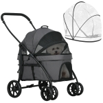 PawHut Wózek dla zwierząt 2 w 1 z osłoną przeciwdeszczową, Składany wózek dla kotów z 2 linkami bezpieczeństwa, dla małych psów i kotów, Oxford, Ciemnoszary