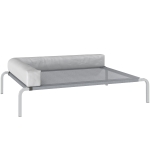 PawHut Leżanka dla psa na zewnątrz, Podwyższone łóżko dla średnich psów, Chłodząca leżanka z poduszką w kształcie litery L i antypoślizgowymi stopkami, Łóżko dla zwierząt na zewnątrz, kemping 110x75x30cm, Jasnoszary