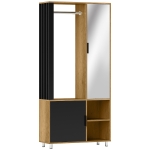 HOMCOM Wardrobe with Mirror and Hanging Rail, Modern Storage Cupboard with Open Compartments for Bedroom, Nature Wood Finish