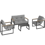 Outsunny Garden Furniture Set, 4 Piece Indoor Outdoor Conservatory with Loveseat Sofa, Armchairs, Metal Top Coffee Table, Cushions for Balcony, Poolside, Patio, Light Grey