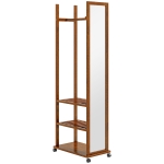 HOMCOM Lusterko Stojące, Lusterko w Całości z Stojakiem, 24,8 x 153,8 cm Lusterko do Garderoby na Kółkach, Garderoba z 3 Poziomami, Drążek na Ubrania, do Salonu, Sypialni, Orzech