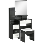 HOMCOM Ensemble de coiffeuse table de maquillage avec tabouret rembourré grand miroir + plusieurs étagères ouvertes + 4 tiroirs blanc noir