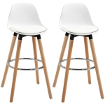HOMCOM Lot de 2 tabourets de bar, chaises de bar en PU avec dossier et repose-pieds, assise rembourrée 69 cm, pieds en bois, style moderne, tabourets hauts pour cuisine, salle à manger, salon, blanc