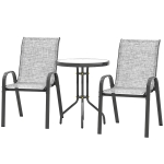 Outsunny Set Bistro 3 Pièces avec 2 Chaises de Jardin Respirantes Empilables et Petite Table Ronde, Set Table et Chaises de Jardin en Acier et Verre, Ensemble de Jardin pour Patio, Cour, Gris