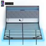 HOMCOM Cadru de pat 140 x 190 cm cu somieră din oțel, pat dublu plutitor cu lumini LED RGB și stație de încărcare, gri