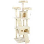 PawHut Árbol Rascador para Gatos Árbol para Gatos 153 cm con 2 Cuevas 3 Camas 2 Rampas Postes de Sisal Ratones Colgantes Crema