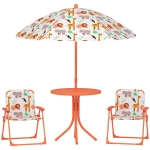 AIYAPLAY Conjunto de jardín infantil, mesa para niños con 2 sillas plegables y parasol Ø 100 cm, motivo animal, naranja