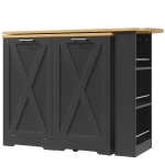 360° Rotating Kitchen Island with Folding 3D Textured Doors and Side Shelves, Swivel Sideboard for Kitchen, 138L x 38W x 105.5H cm, Black
