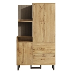 Garderobekast met open opbergvakken en gestoffeerde achterwand, uittrekbare kledingstang rechts, 2 ruime lades, softclose-scharnieren, MDF met metalen poten en kantelbeveiliging, draagvermogen 50 kg, 110X38X186 cm, naturel