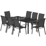 Outsunny Ensemble Repas de Jardin 9 Pièces, Table et Chaises pour 8 Personnes, Set d'Extérieur avec Plateau en Verre Trempé, Noir