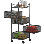 HOMCOM Desserte de cuisine à roulettes à 5 niveaux, chariot de rangement 4 paniers rotatifs, étagère, 27,5x27,5x77cm, noir