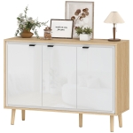 HOMCOM Buffet à haute brillance, meuble de rangement avec 3 portes, étagères réglables, 107 x 35 x 77 cm, blanc et chêne