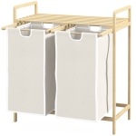 HOMCOM Panier à linge en bambou 2 paniers amovibles et coulissants en non-tissé 63,5 x 33 x 73 cm crème