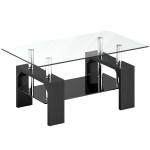 HOMCOM Măsuță de Cafea Modernă cu 2 Nivele din Lemn și Oțel cu Blat din Sticlă Securizată, 90x50x42 cm, Negru