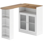 HOMCOM Masă de Bar Extensibilă și Rotativă 360° cu Rafturi Deschise și 2 Uși din Sticlă 150x80x105,5 cm Alb și Lemn Natural