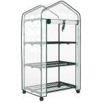 Outsunny Mini Estufa de Jardim com 3 Étagères Cobertura em PVC de Alta densidade Porta Enrolável 4 Rodas 69x49x130 cm Transparente