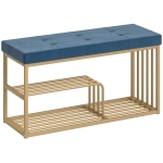 HOMCOM Bench and Shoe Storage, Tufted Shoe Storage Bench with Velvet Seat Cushion Gold Steel Frame for Entryway, Dark Blue