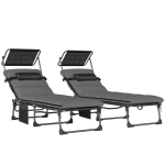 Outsunny Set de 2 șezlonguri pliante cu copertină, șezlonguri înclinabile cu pernă, buzunar lateral și mâner de transport, gri închis