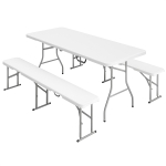 Outsunny Set da Pic Nic Pieghevole a 3 Pezzi con Tavolo e 2 Panche in HDPE e Metallo, Bianco e Grigio Chiaro