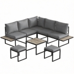 Outsunny Modulare Gartenlounge für 6 Personen mit Couchtisch und Seitentischen in PSPC-Holzoptik, dicke 10 cm Kissen, grau