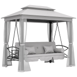 Outsunny 3 Seater Convertible Swing Chair, Outdoor Gazebo Swing Seat Bed with Double Tier Canopy, Cushioned Seat, Mesh Sidewalls, Light Grey