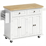HOMCOM Ilha de Cozinha com Rodas 2 Gavetas 4 Portas Suporte para Temperos e Barra Lateral 111x44,5x82,5cm Branco e Madeira