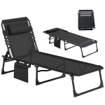 Outsunny Chaise longue pliable bain de soleil transat de relaxation dossier inclinable 5 niveaux têtière amovible pochette latérale intégrée revêtement textilène acier dim. 189x58x30cm noir