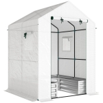 Outsunny Small Greenhouse with Raised Garden Bed, Galvanised Walk-in Greenhouse with Roll Up Windows, 141 x 141 x 190 cm, White