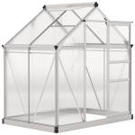 Outsunny Polycarbonate Greenhouse, Large Walk-In Green House with Slide Door and Window, Aluminium Frame, 6x4ft, Silver Tone