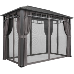 Outsunny 2 x 3.5 m Hardtop Gazebo with Galvanised Steel Roof, Waterproof Permanent Pavilion Garden Gazebo with Netting and Curtains for Patio, Deck, Dark Grey