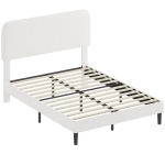 HOMCOM Cadru de pat 140x190cm cu somieră, tăblie reglabilă, pat dublu tapițat în velur Teddy, lamele metalice, alb