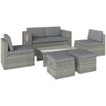 Outsunny 6‑teiliges Gartenset aus Polyrattan, platzsparende Sitzgruppe mit Sofa, Sesseln, Tisch und Fußhockern, Dunkelgrau