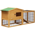 PawHut Clapier de sol cage à lapin niche supérieure avec rampe enclos extérieur porte verrouillable 150 x 52,5 x 68 cm jaune