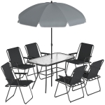 Outsunny 8-teiliges Garten-Ess-Set mit Sonnenschirm, Gartenmöbel-Set mit 6 klappbaren Stühlen, Tisch mit gehärteter Glasplatte und Sonnenschirm für Patio, Schwarz