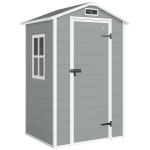 Outsunny 4 x 3 ft Plastic Garden Shed with Floor, Outdoor Storage Shed with Lockable Door, Window and Vent, Light Grey