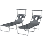 Outsunny Ensemble de 2 chaises longues pliantes inclinables avec capote 360°, ouverture faciale, poche latérale et textilène 550 g/m², gris