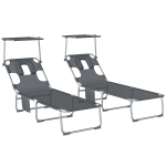 Outsunny Set de 2 șezlonguri pliante reclinabile cu copertină 360°, orificiu facial, buzunar lateral și Textilene 550 g/m² Gri