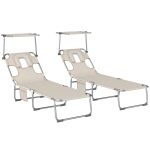 Outsunny Set de 2 șezlonguri pliante reclinabile cu copertină 360° orificiu facial buzunar lateral și Textilene 550 g/m² bej